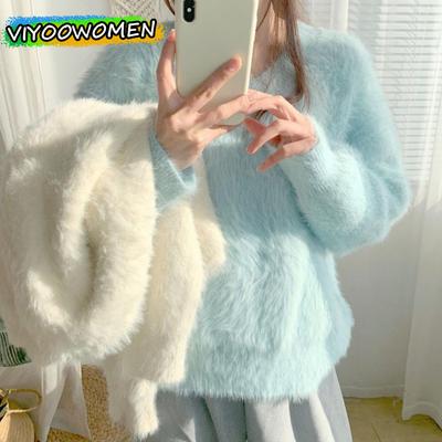 Women's Imitation Mink Fur Plus Velvet Thick Knit Knitwear Sweater Pulovers Tops Blouse For Women Korean Fashion Clothing