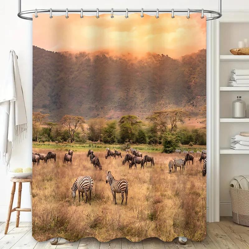 

African Savanna Landscape Shower Curtain, Zebra And Wildebeest Herd Nature Scene Waterproof Liner, Unique Home Decor Artwork W60H190(CM)-1 Pcs
