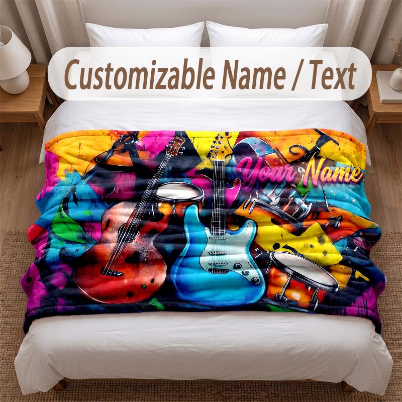 Music Guitar Theme Soft Blanket Personalized Custom Name Text Print Warm Blanket Home Sofa Bedroom Decor