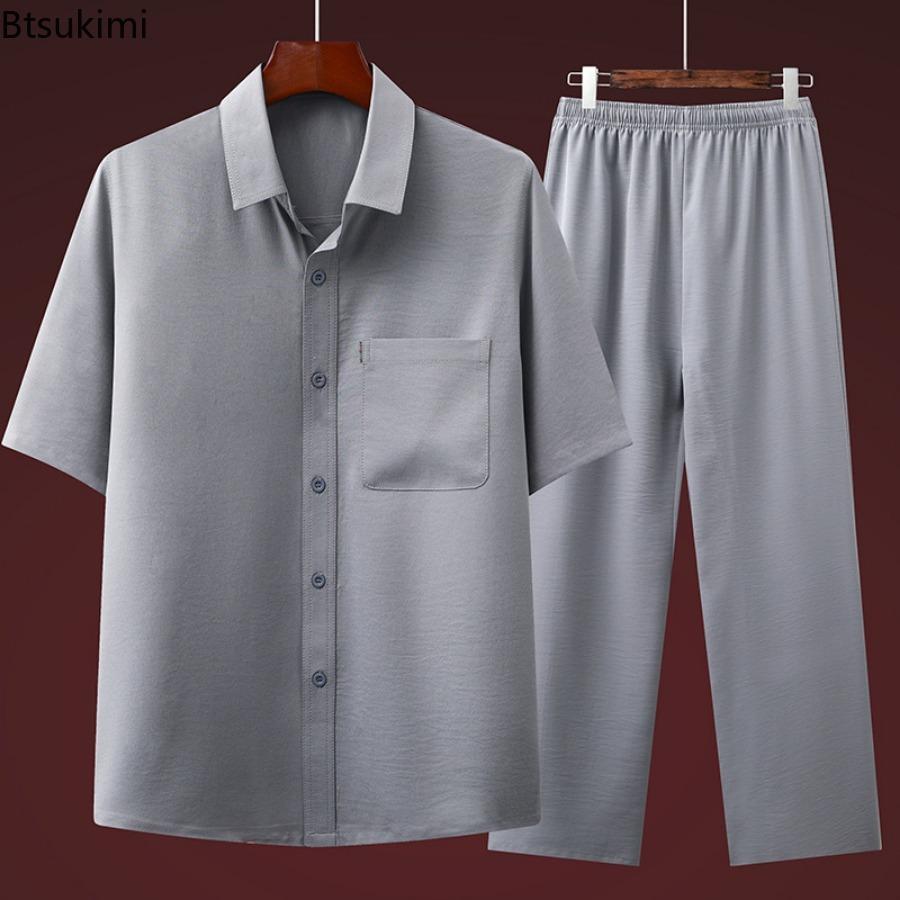 Trajes Casuales de Seda Helada para Hombre Verano 2025 Camisas de Manga Corta Holgadas Vintage + Pantalones Conjuntos de 2 Piezas para Hombres de Mediana Edad y Mayores Combinación Perfecta