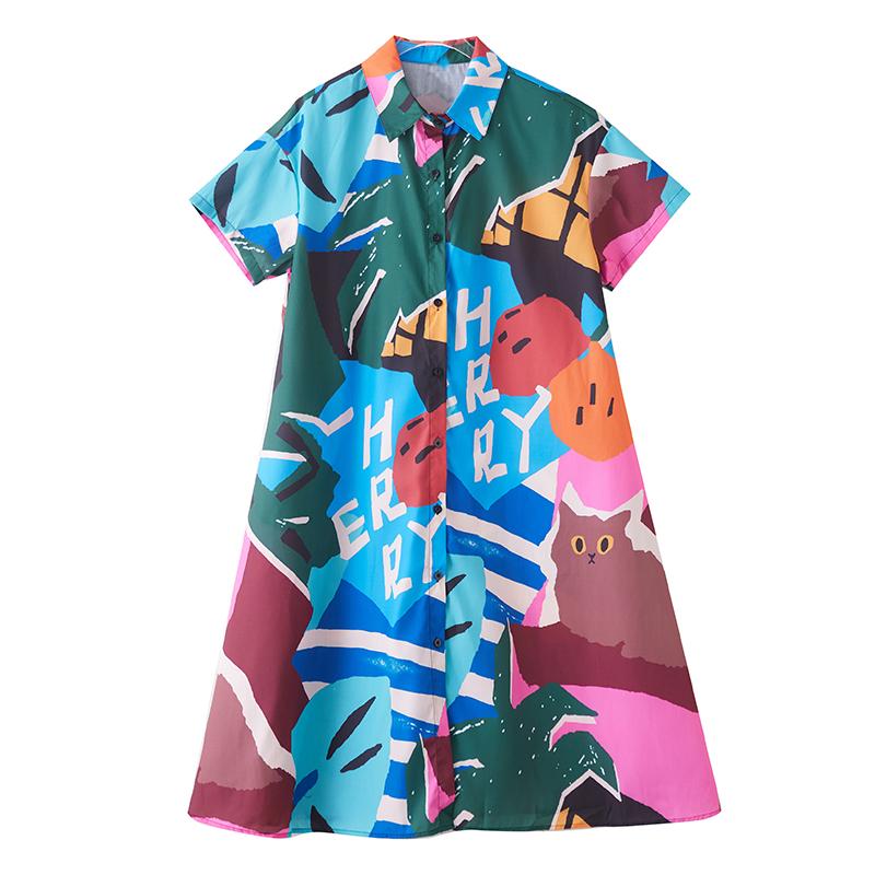 Dimanaf Summer Women 2025 Basic Plus Size Shirt Dress Casual Short Sleeve Buttons Dress Loose Printing Dress