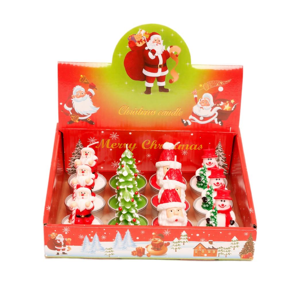 Christmas Tea Light Candles 12 Pack, Painted Aluminum Shells with Snowman, Santa and Christmas Tree Designs, Gift Box Set