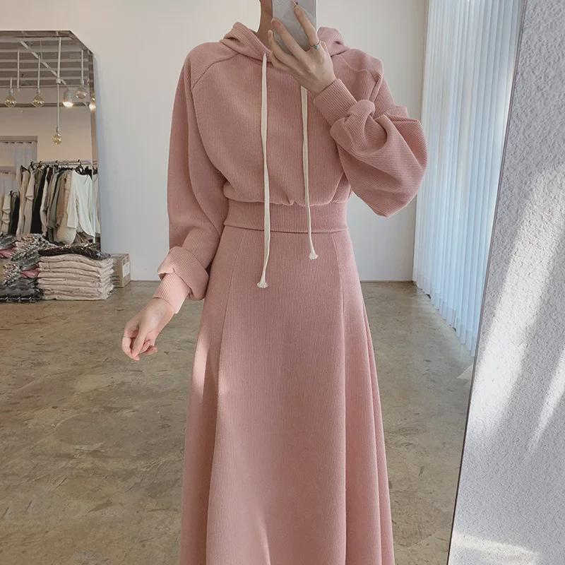 2024 Pink Loose Long-Sleeve Hoodie & High Waist Skirt Set