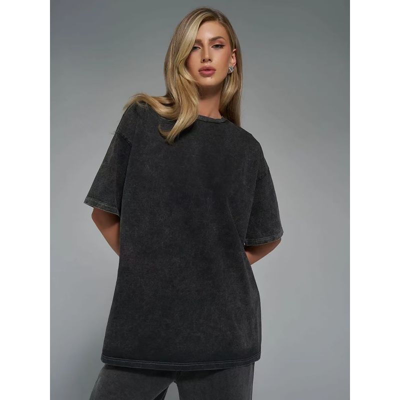 

European and American New Fashion Washed Distressed T-shirt Loose Casual Top Loose Cotton T-shirt Top Washed Black L