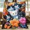 Cats and Butterflies Flannel Blanket Adorable Kitten Art Floral Garden Scene Colorful Insects Soft Fleece Throw Pet Lover Gift