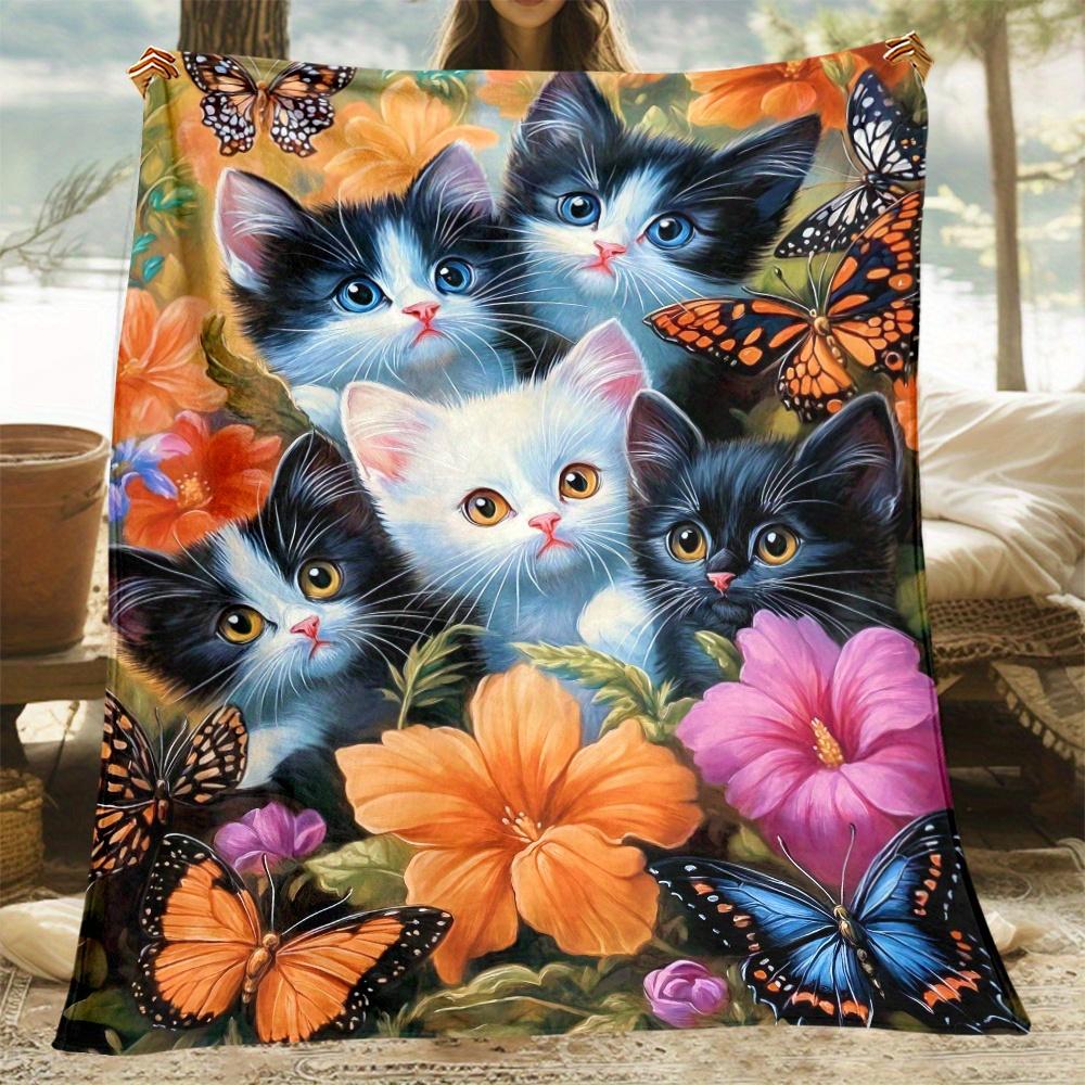 

Cats and Butterflies Flannel Blanket Adorable Kitten Art Floral Garden Scene Colorful Insects Soft Fleece Throw Pet Lover Gift 75x100cm