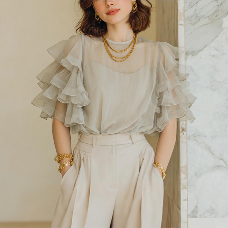 

ZANZEA Женская блузка с круглым вырезом, рукавом до локтя, повседневная, прозрачная, накидка M серый