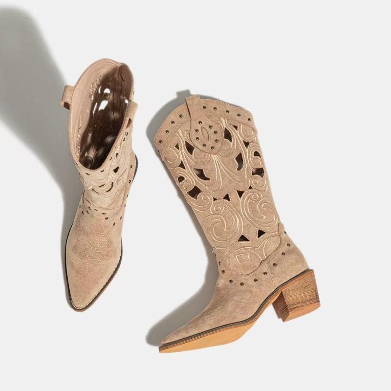 

Hollow Coarse High Heel Western Cowboy Boots Women s New Embroidered Medium Boots Vintage Frosted Tall Martin Boots 40
