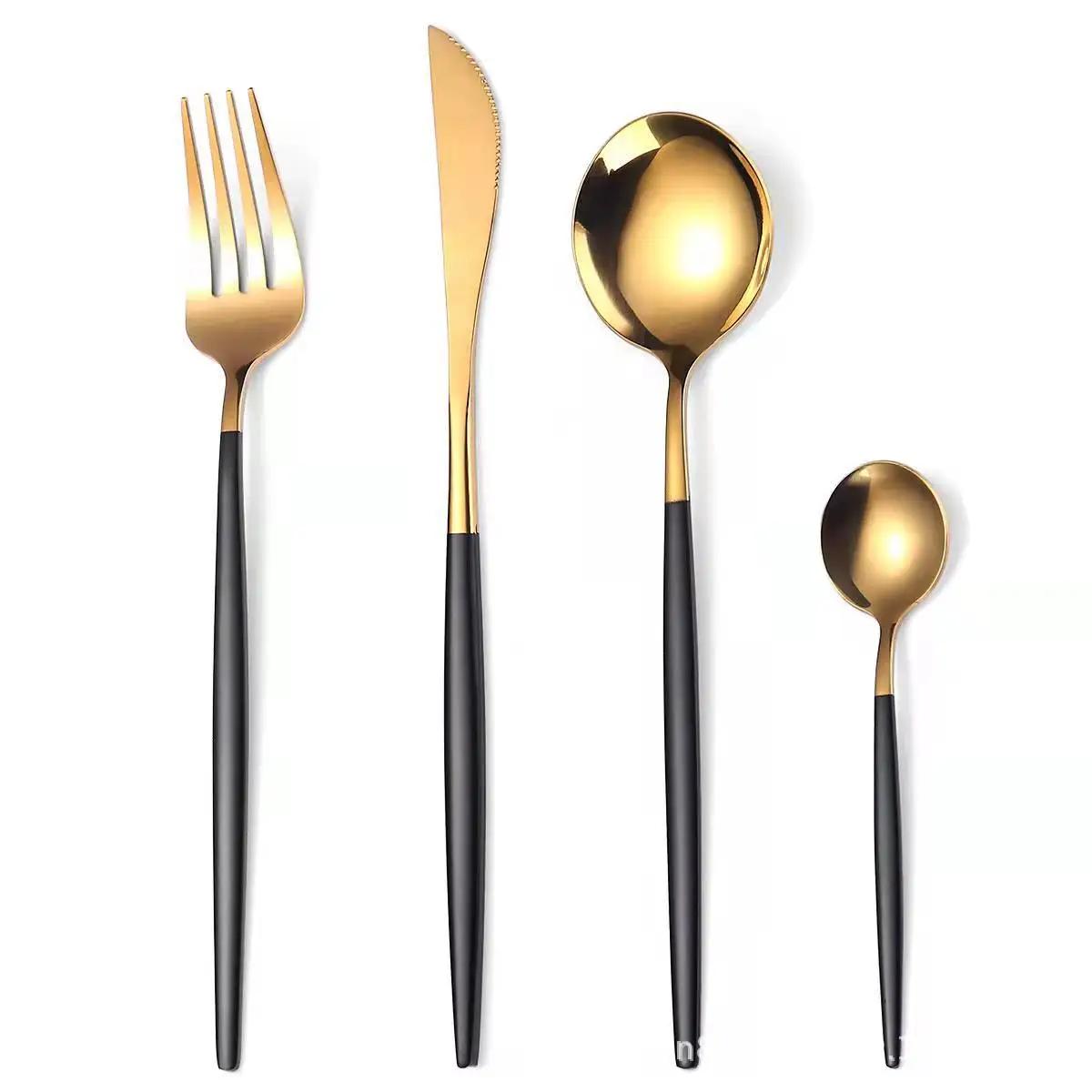 

4pcs Black Gold Stainless Steel Fork Spoon Knife Chopsticks Tea Spoon Flatware Set