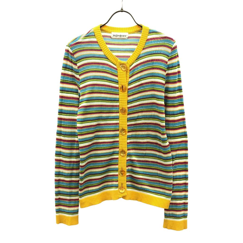 YVES SAINT LAURENT 90s Old Border Pattern Long sleeve Cotton knit cardigan Women Used