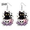 Skull Teacup Pendant 1 Pair Halloween Earrings for Women, 2D Acrylic Black Cat Women Dangle Drop Earrings, Gothic Cartoon Jewelry Party, Daily