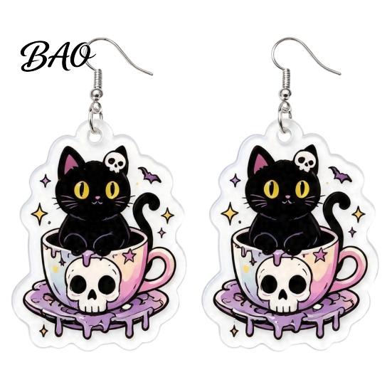 Skull Teacup Pendant 1 Pair Halloween Earrings for Women, 2D Acrylic Black Cat Women Dangle Drop Earrings, Gothic Cartoon Jewelry Party, Daily