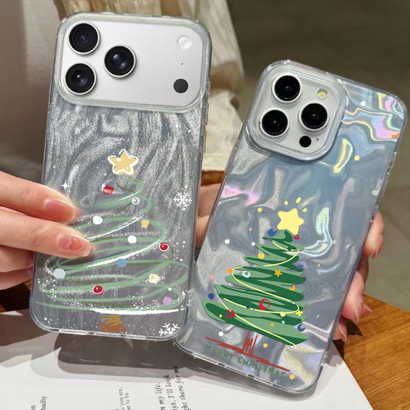 Cartoon Christmas Tree Pattern Phone Case For iPhone 17 Air 16e 16 15 14 Pro Max 13 17 Pro Max Shockproof TPU Hybrid Hard PC Phone Cover