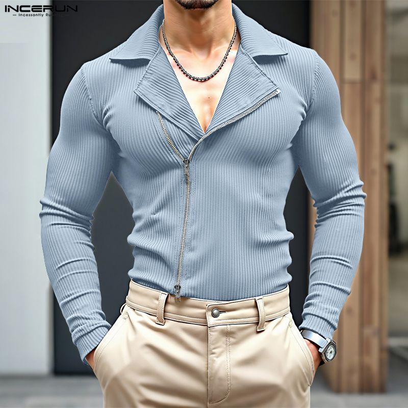 INCERUN Men Lapel Neck Long Sleeve Side Zip-up Casual Fitted Rib Pullovers Undershirts