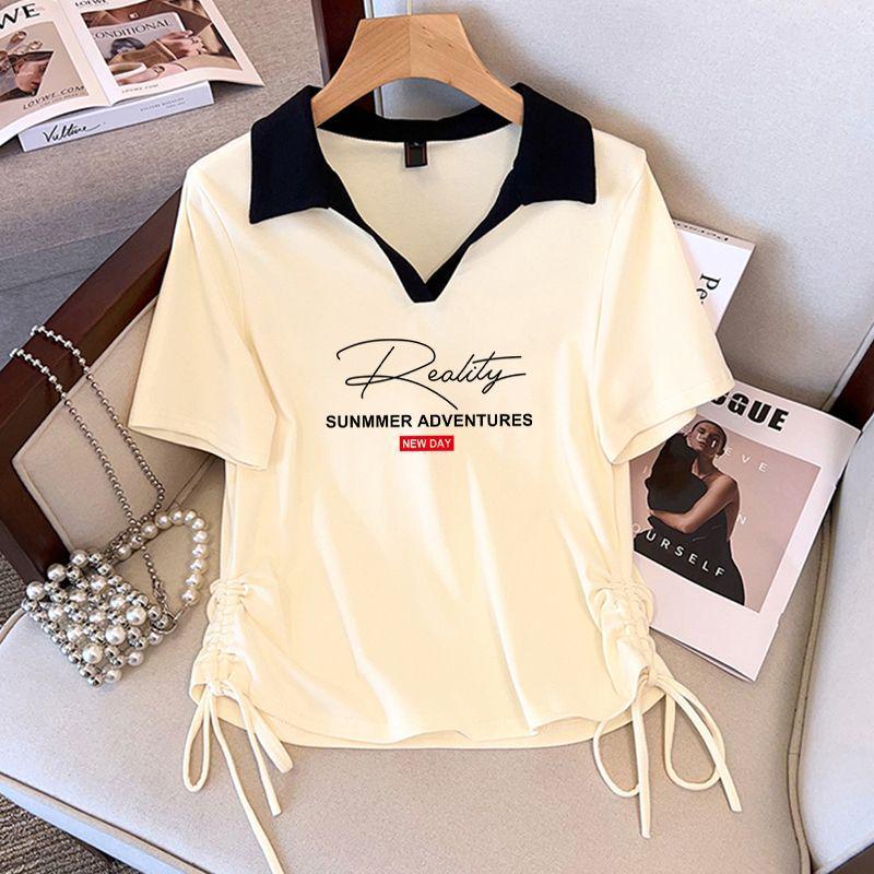 

Plus Size V-Neck Polo Collar Cotton T-Shirt for Women - Summer Short Sleeve, Slimming American Style 3XL [Suggested 130-140 lbs]