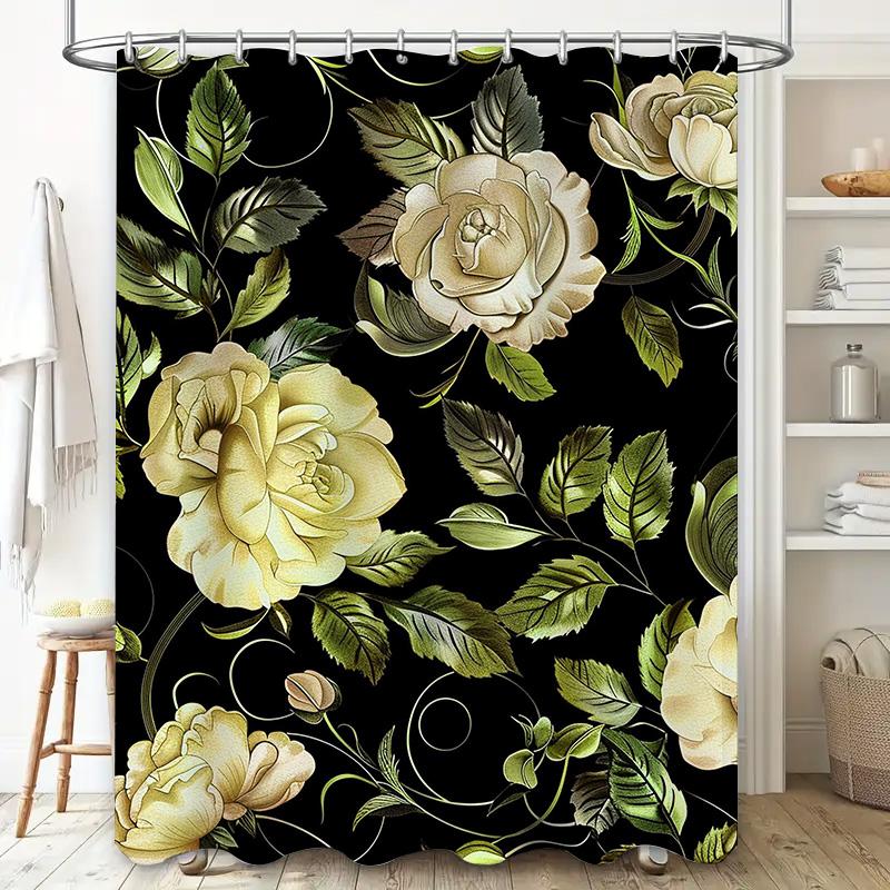 Luxury Floral Shower Curtain Bath Mat Decor Home Textile Waterproof Printing Bathroom Wall Hanging Decoration White Rose Design