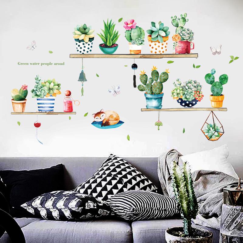 Cactus Potted Living Room Bedroom Tv Background Self-Adhesive Wall Stickers