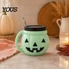 Funny Pumpkin Kitchen Organizer Halloween Ice Cream Cup with Spoon, Keeps Hands Warm Dessert Holder Cup, PLA Creative Sleeve for Home Party