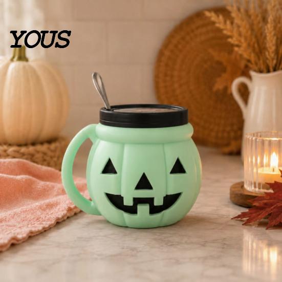 Funny Pumpkin Kitchen Organizer Halloween Ice Cream Cup with Spoon, Keeps Hands Warm Dessert Holder Cup, PLA Creative Sleeve for Home Party