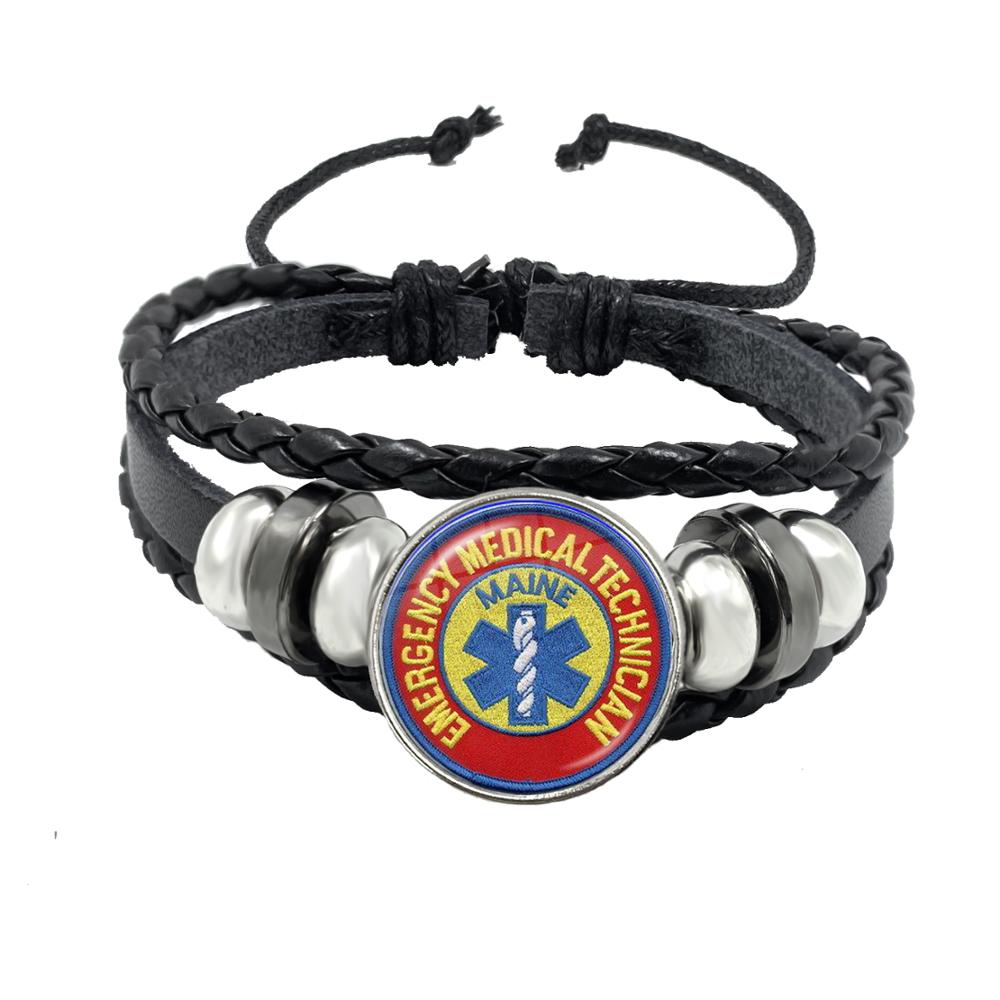 Emergency Medical Technician Paramedic Symbol Logo Black Button Leather Bracelet Glass Dome Blue Star of Life Logo Jewelry