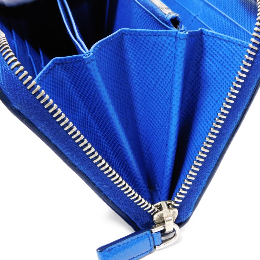 Used 11569 Saffiano Stripe Round Zip Wallet 2ML317 7940 Gray Zip Around Logo Metal Blue Unisex from Japan AUTHENTIC