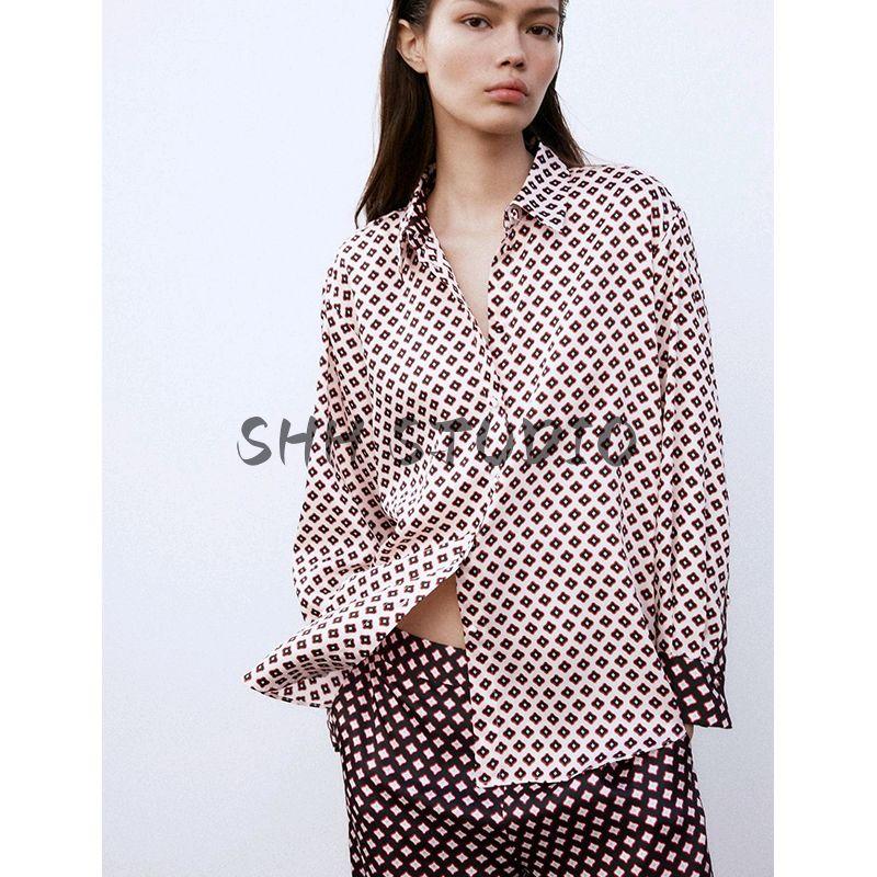 Spring New Women's Clothing Silk Satin Texture Shirt 2157039 Silk Satin Texture Printed Pants 2425578