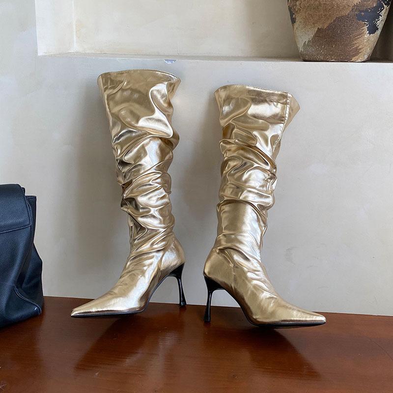 Mode Mode Plissierte Damen Kniehohe Stiefel mit Dünnen Absätzen Schuhe Spitzschuh Damen Moderne Stiefel Slipper Damenschuhe