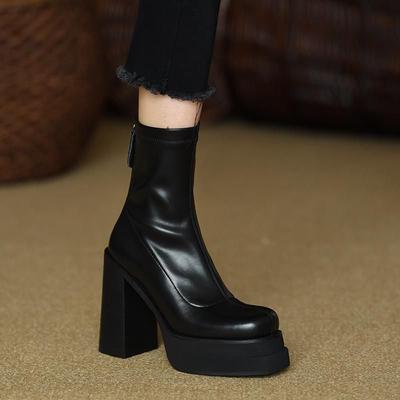 Botas elásticas ajustadas tacón grueso botines mujer 2025 otoño e invierno nuevas botas impermeables cremallera trasera tacones altos ins