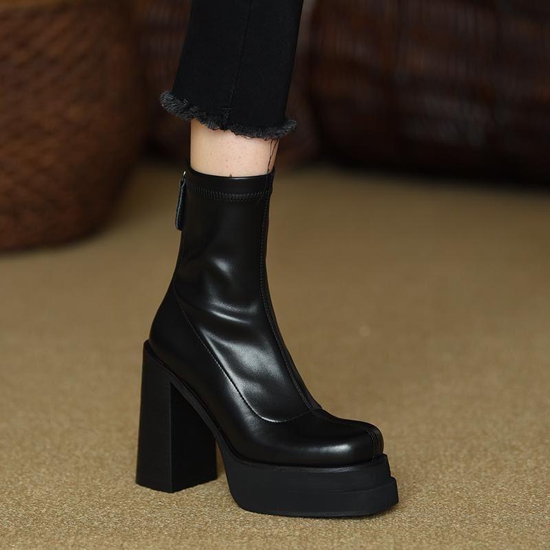Skinny elastic boots thick heel short boots women's 2025 autumn and winter new boots waterproof rear zipper high heels ins