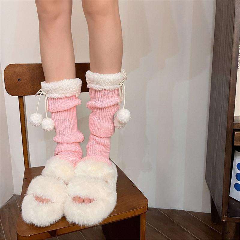 Lolitas Leg Warmers for Women Girls White Ball Knitted Leg Sleeves Winter Warm Ankle Heap Socks JK Uniform Foot Cover