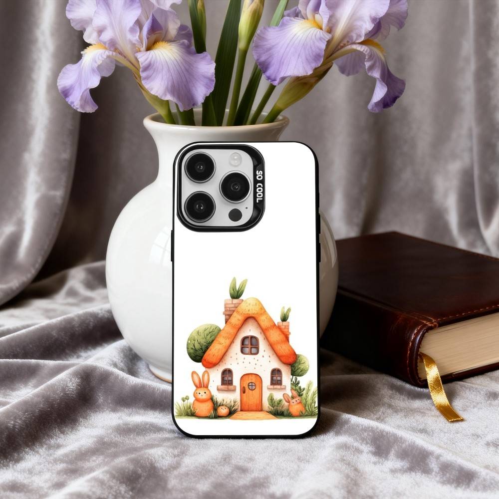 Cute Hand-painted Small House cartoon Phone Case For iPhone17,16,15,14,13,12,11 Plus,Pro Max Black Candy silver phone case