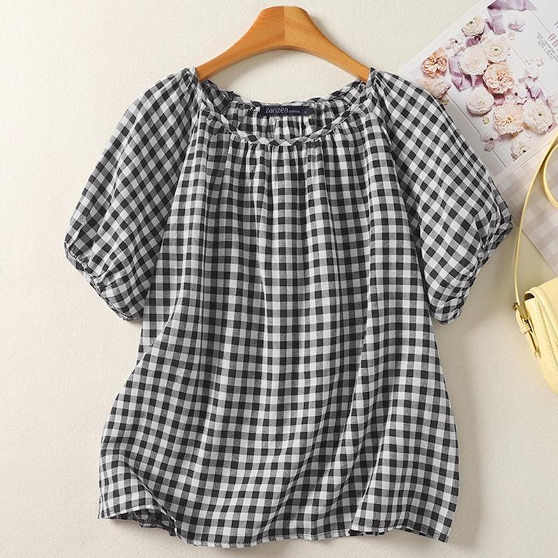 

ZANZEA Женская повседневная блузка с круглым вырезом, короткими рукавами и свободным принтом в клетку L