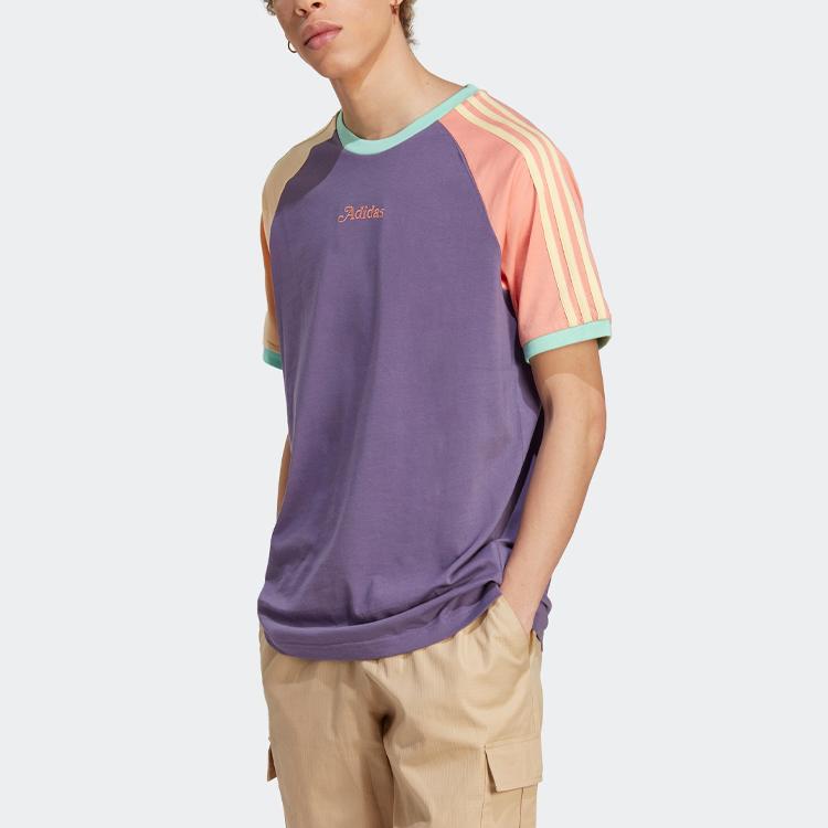 Adidas Originals Bucură-te Tricou Raglan Colorblock în Dungi Mânecă Scurtă Sport Bărbați Topuri Violet Tehnic IT8189