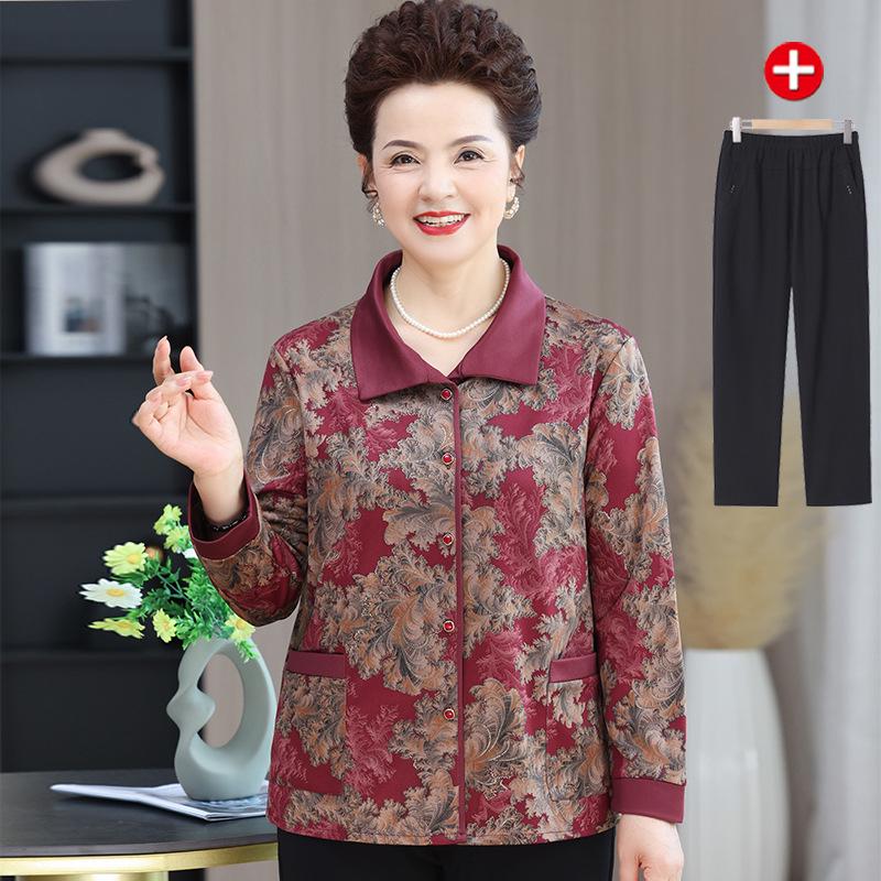 Grandma's Autumn 2025 Fashion: Long-Sleeve Shirt & Three-Quarter Sleeve Set for Middle-Aged and Elderly Women. 