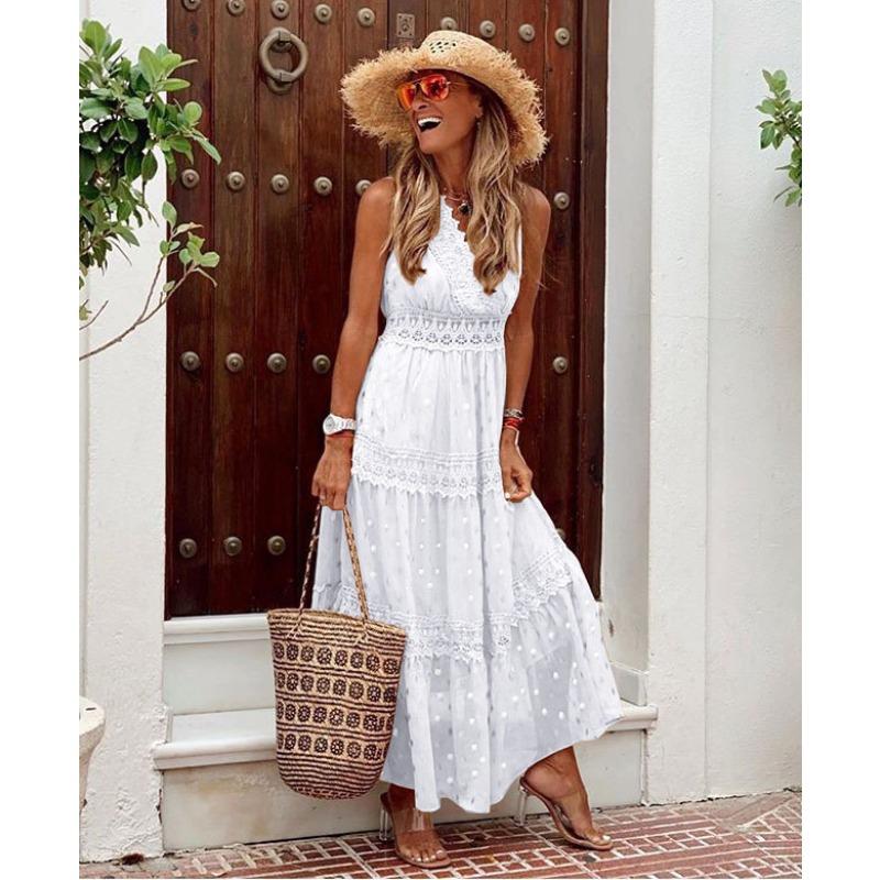 women s V‑Neck Sleeveless Eyelet Lace Patchwork Tiered Casual Maxi Dress S белый
