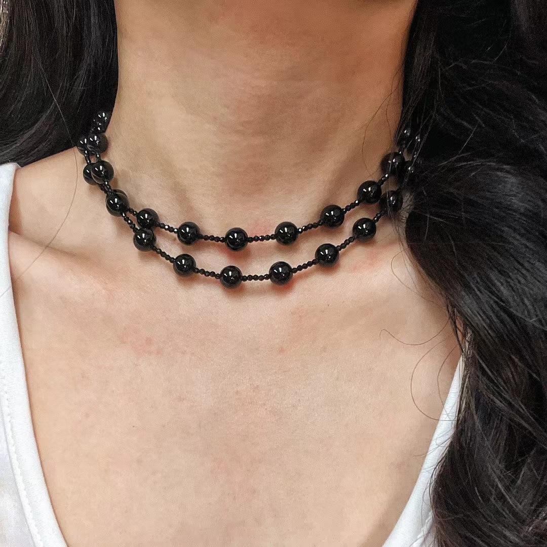 

Long Stacked Black Agate Necklace, Multi-Layer Sexy Temperament Neck Chain, Couple Sweet French Sweater Chain