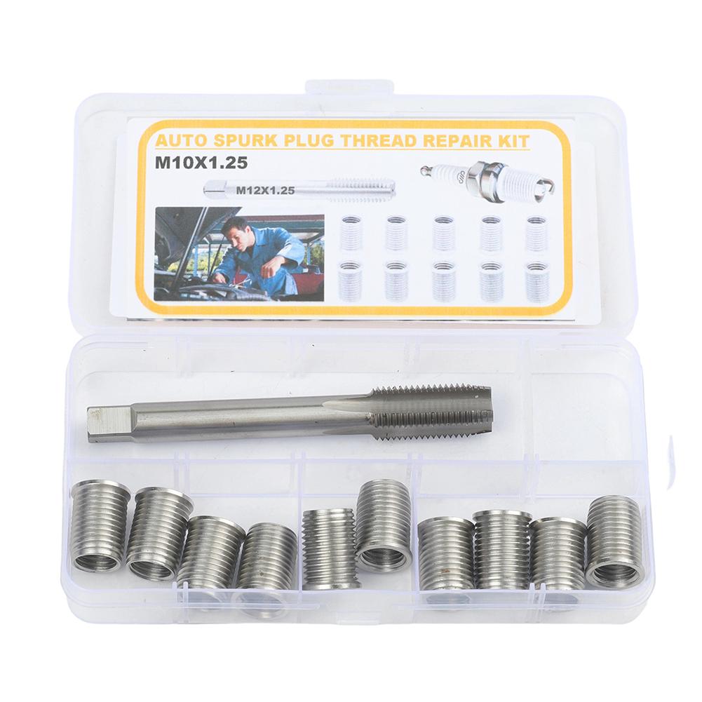 11pcs M10X1.25 Thread Repair Kit with Precision Cut Tap and Galvanized Stainless Steel Inserts for Fixing Damaged Threads