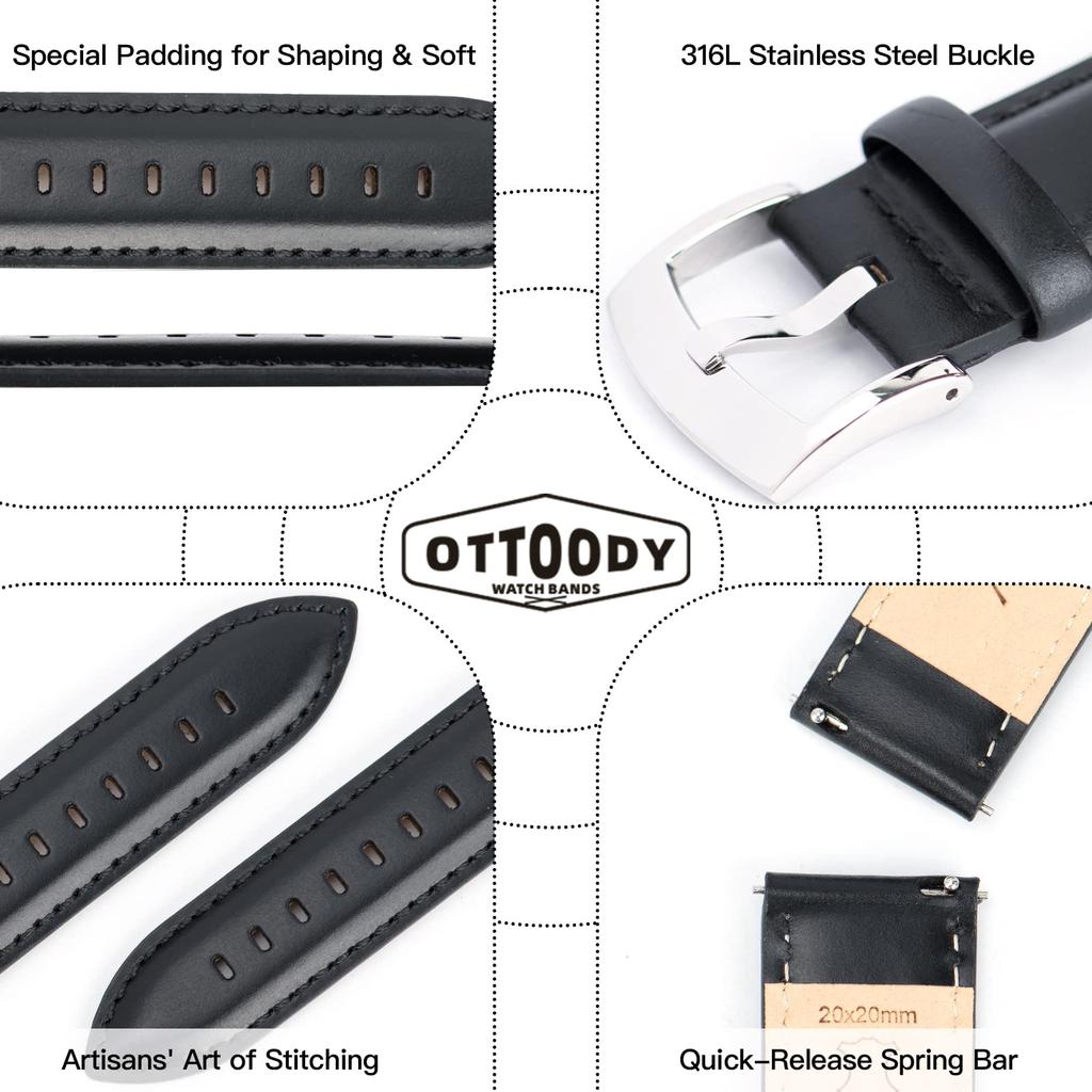 [OTTOODY] Watch Band, Watch Strap, 18mm, 20mm, 21mm, 22mm, Elegant Calf Leather, Genuine Leather Watch Band, Quick Release (No Tools Required), Sweatp