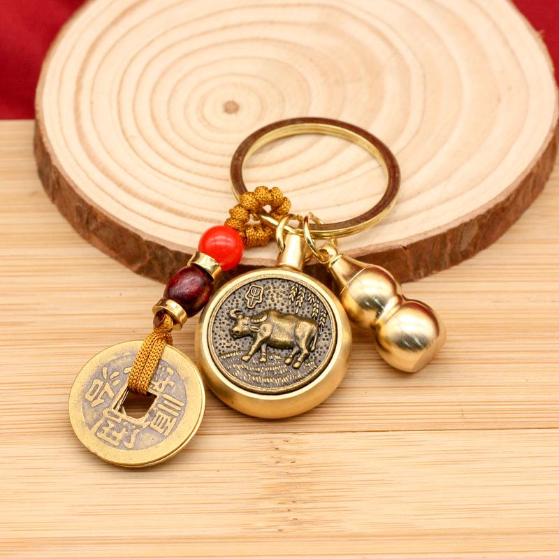 Rotating Brass Zodiac Signs Vermilion Gourd Keychain for Wealth & Treasures