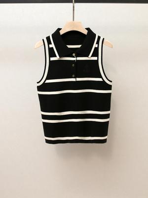 Women's Autumn Casual Striped Sleeveless Knitted Top with Lapel and Half-Button Design.