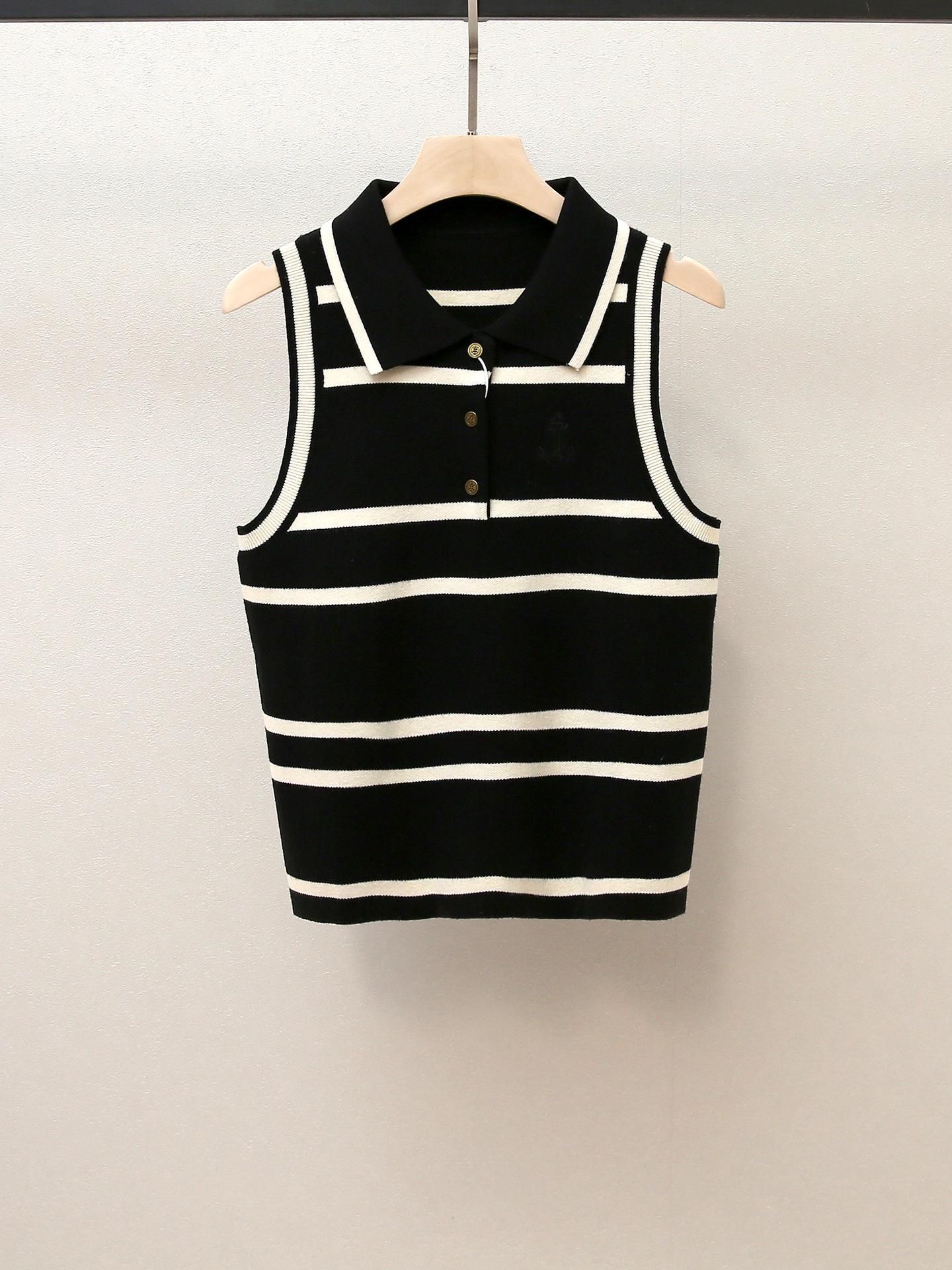 

Women s Autumn Casual Striped Sleeveless Knitted Top with Lapel and Half-Button Design. Small