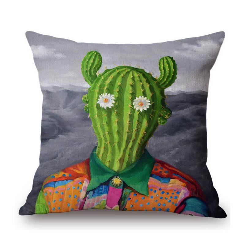 Summer Cactus Head Portrait Oil Painting Surrealistic Decorative Art Cotton Linen Sofa Pillow Case Car Seat Cushion Cover