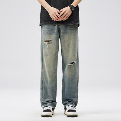 Spring and Summer American High Street Beggar Ripped Jeans Boys Loose Straight Retro Large Size Trousers