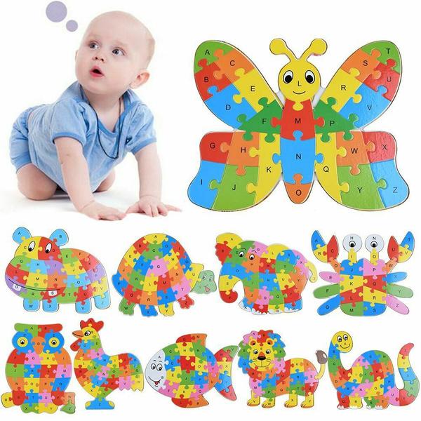 Wooden Puzzle Baby Kids Toddler Jigsaw Alphabet Letters Animal Learning Toys