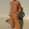2Pcs/Set Women Summer Outfit O-neck Sleeveless Vest Elastic High Waist Long Pants Set Solid Color Thin Casual Outfit