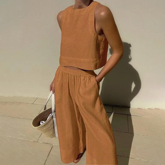 2Pcs/Set Women Summer Outfit O-neck Sleeveless Vest Elastic High Waist Long Pants Set Solid Color Thin Casual Outfit