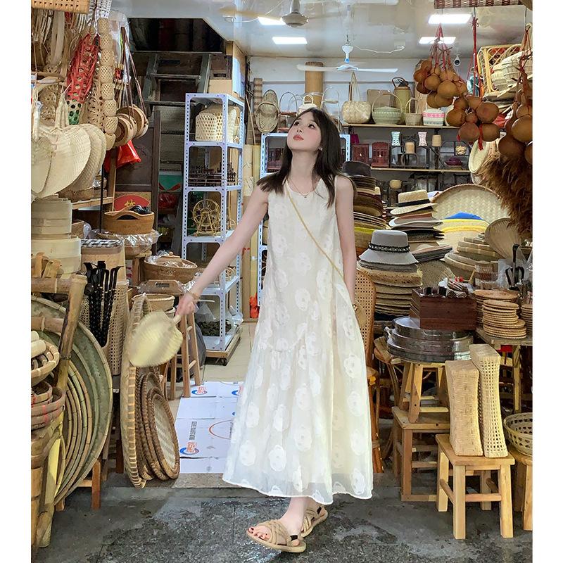 Small sweet print sleeveless medium and long dress women's summer new age reduction loose and thin vest skirt