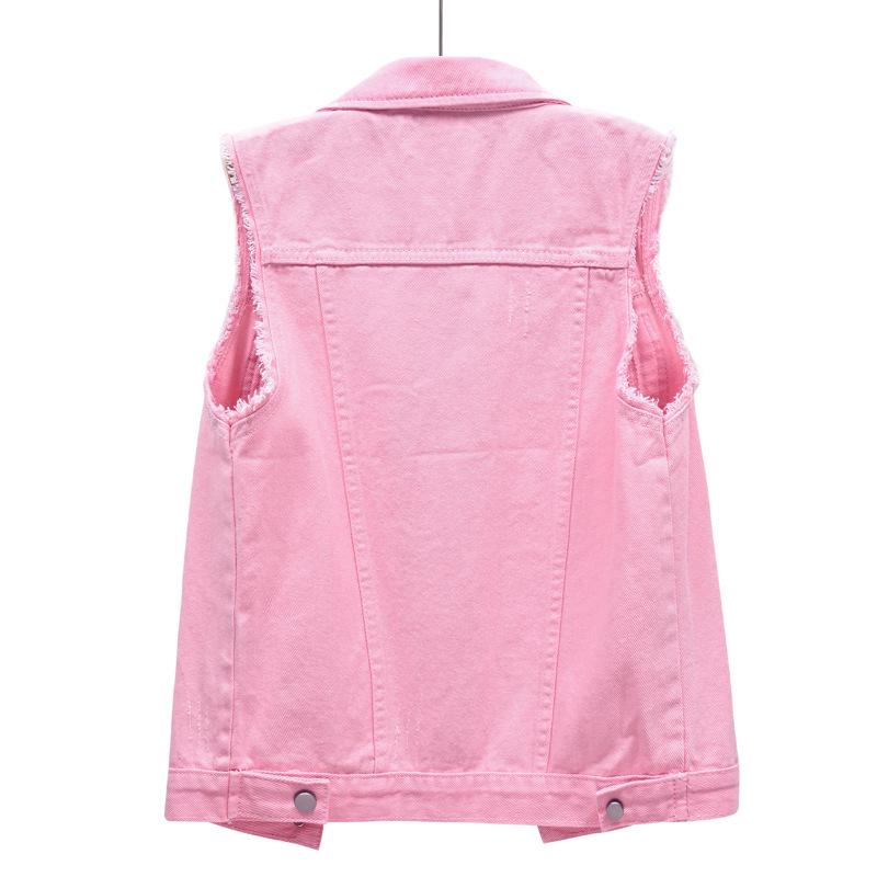 Women's Pink Frayed Denim Vest - Multicolor, Slim Fit, Sleeveless, Ripped Design for Spring/Summer