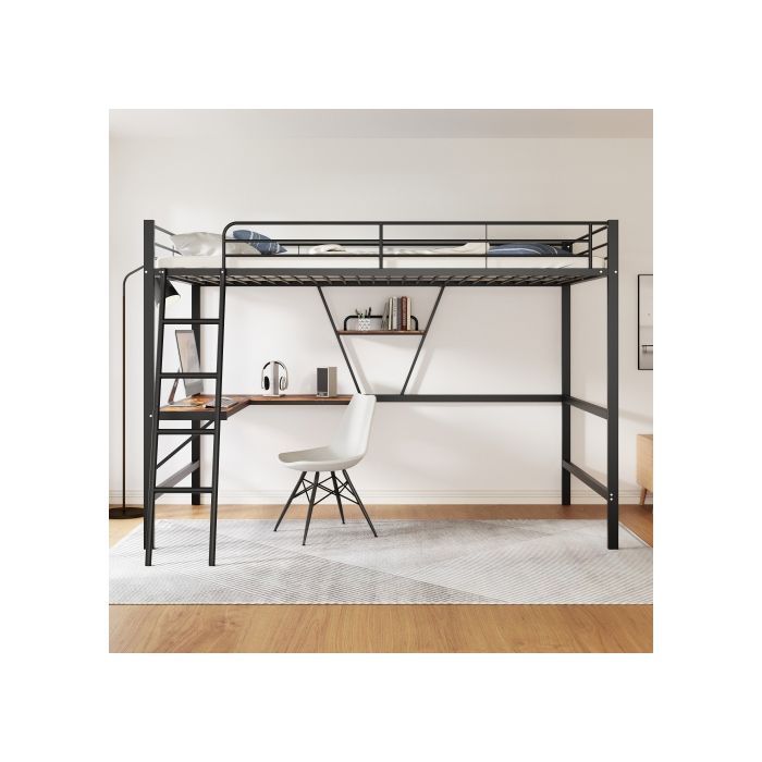 Lit mezzanine - MUVOE - 90x200cm - Métal noir - Bureau en L - Bibliothèque intégrée