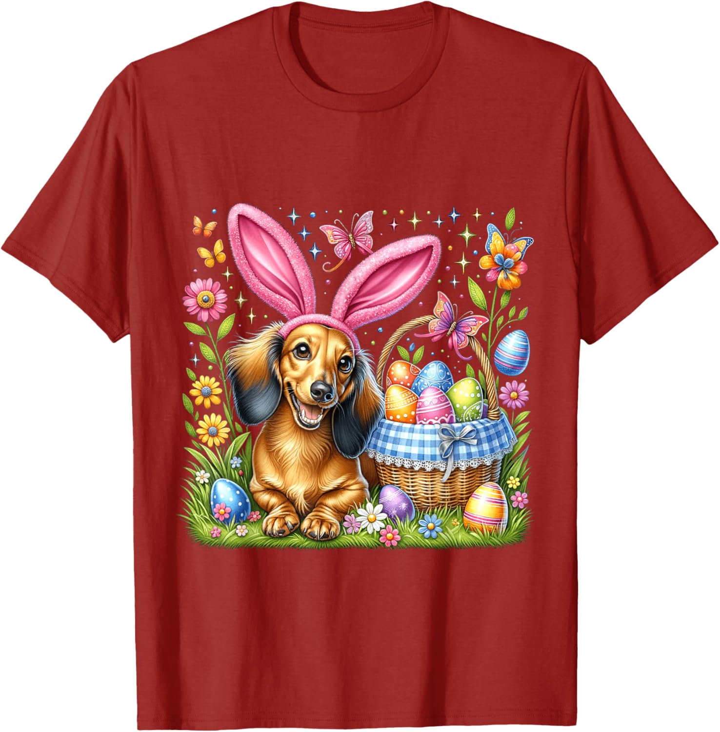 Dachshund Bunny Ears Easter Eggs Graphic T-Shirt Casual Short Sleeve Tee for Men Women S